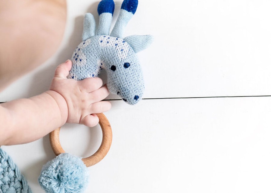 Commemorative Keepsakes Coton Colors by Laura Johnson | Blue Giraffe Knitted Rattle